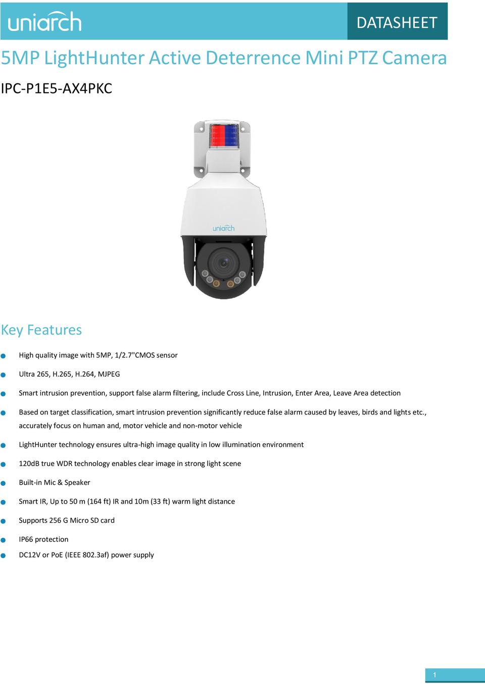 Uniarch IPC-P1E5-AX4PKC 5MP Active Deterrence PTZ with Mic / Speaker 4x Optical Zoom 0